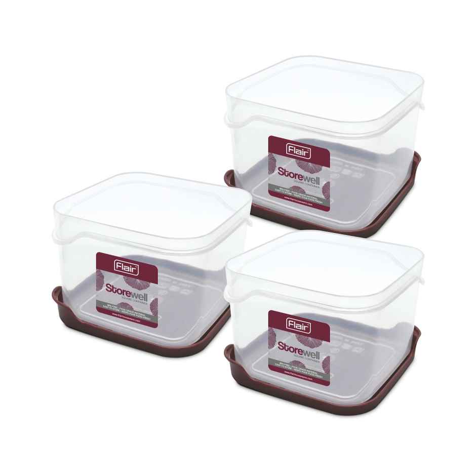 Flair Plastic Storewell Square Food Storage Containers 1150Ml - Set Of 3, (Maroon), Food Grade