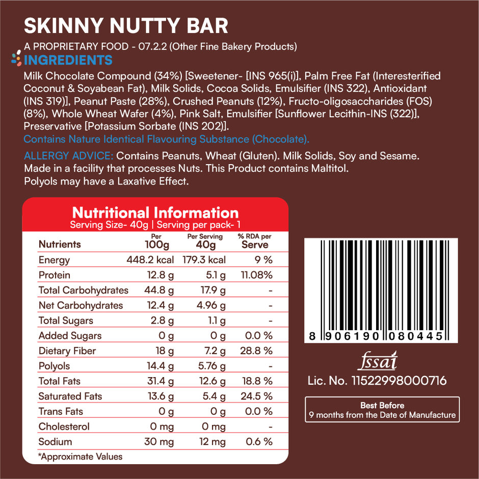 Skinny Nutty Choco Bar Peanut | No Added Sugar | No Palm Oil | No Maida