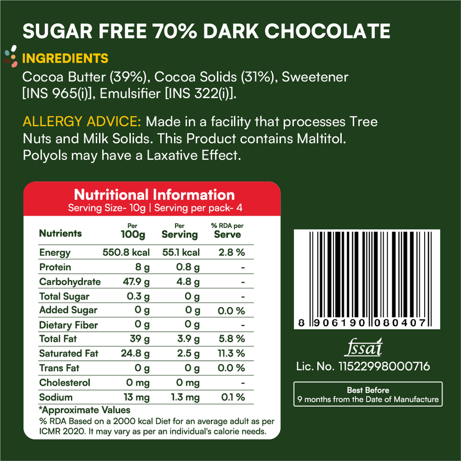 Skinny Sugar Free 70% Dark Chocolate Bar | No Added Sugar | Vegan Chocolate