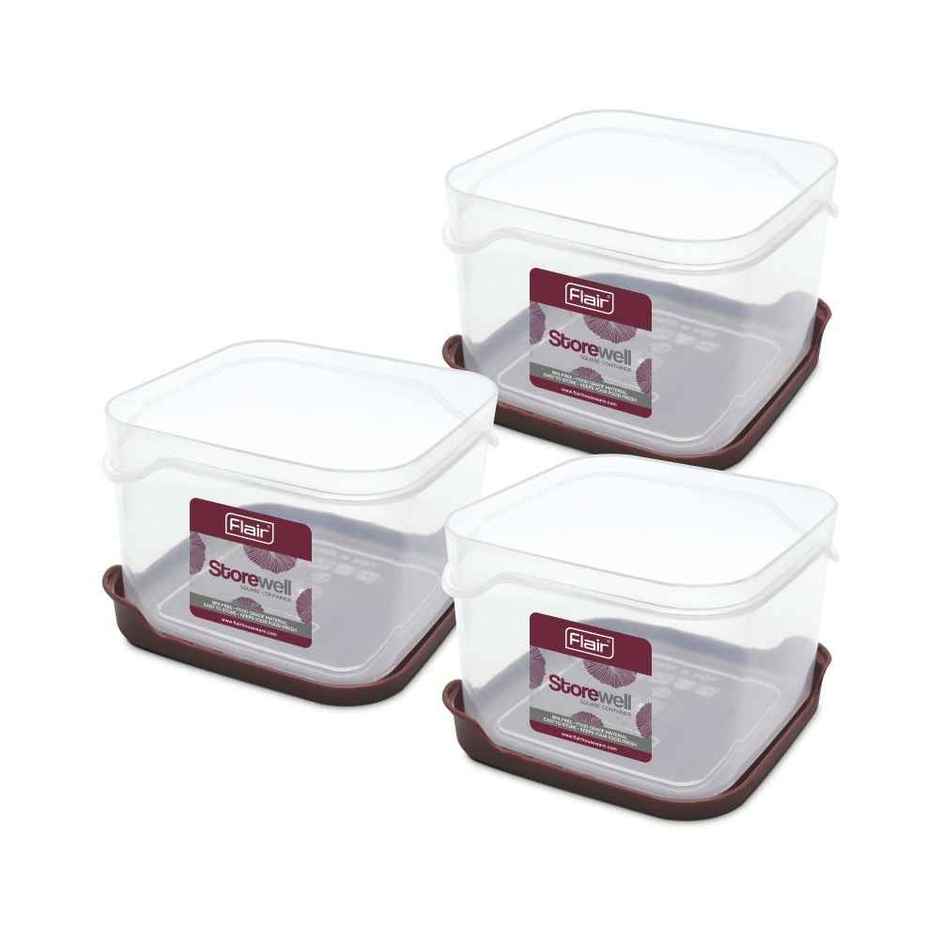 Flair Plastic Storewell Square Food Storage Containers 1150Ml - Set Of 3, (Maroon), Food Grade