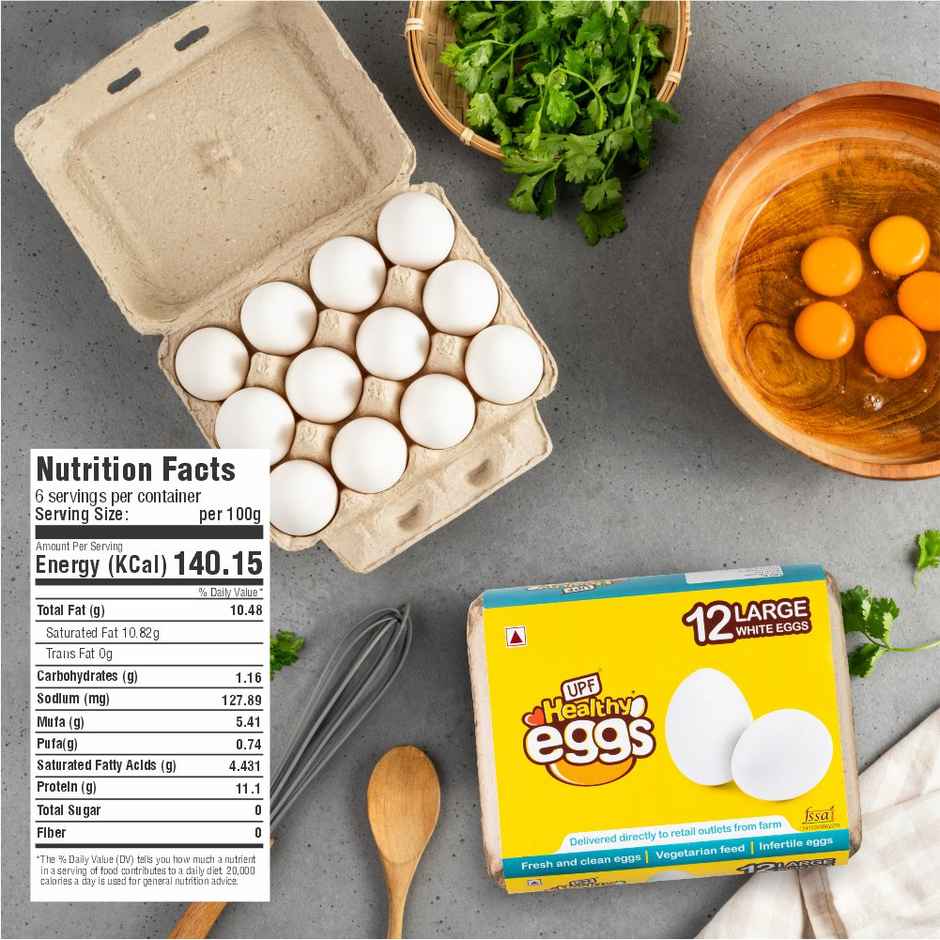 UPF Healthy White - Large Eggs, 12 Pieces | Protein Rich | Veg Feed | Infertile