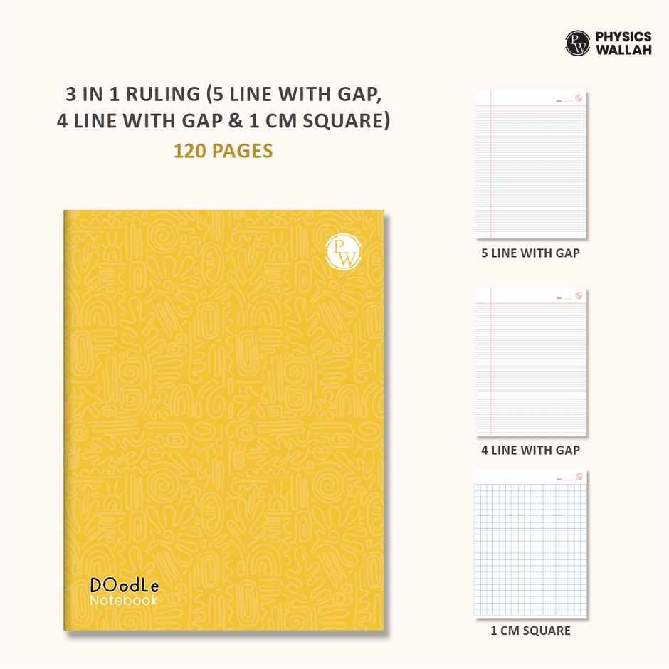 PW Doodle Notebook | 120 pgs | 5 Line with Gap, 4 Line with Gap & 1 cm Square | Yellow