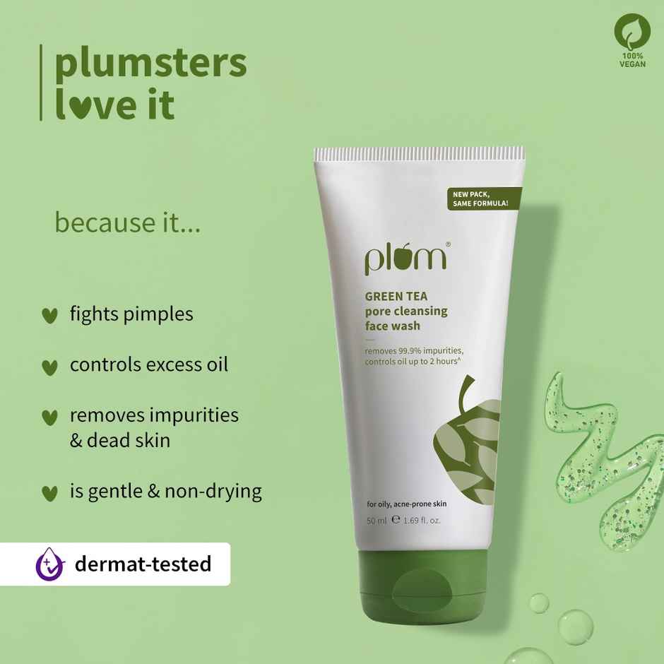 Plum Green Tea Pore Cleansing Face Wash Fights Pimples & Removes Excess Oil Enriched With Green Tea & Glycolic Acid Best Suits Oily Acne-Prone Combination Skin 100% Vegan
