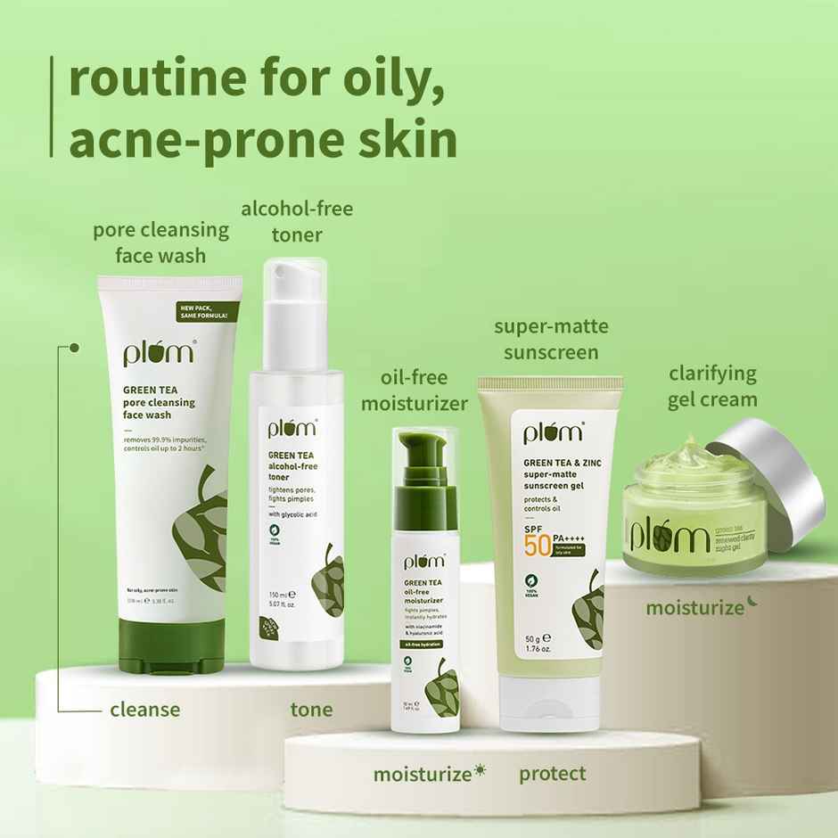 Plum Green Tea Pore Cleansing Face Wash Acne Face Wash Oily Skin| Bright Clear Skin Soap-Free|(100ml), Plum Green Tea Alcohol-Free Toner(200ml) & Plum Green Tea Oil Free Moisturizer (50ml) Combo