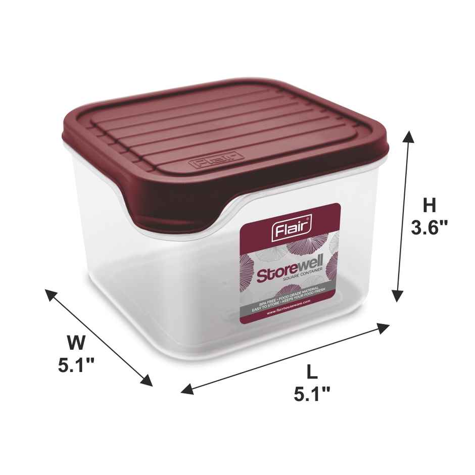 Flair Plastic Storewell Square Food Storage Containers 1150Ml - Set Of 3, (Maroon), Food Grade