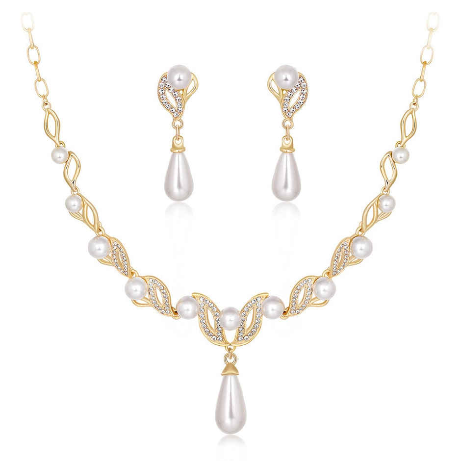 Shining Diva Fashion Latest Stylish Design Gold Plated Pearl Necklace Set for Women | 15121s