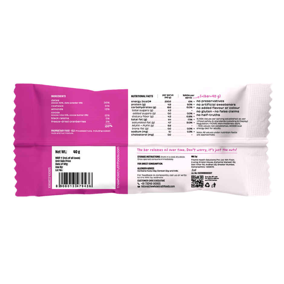 The Whole Truth Choco Cranberry Fudge Energy Bar