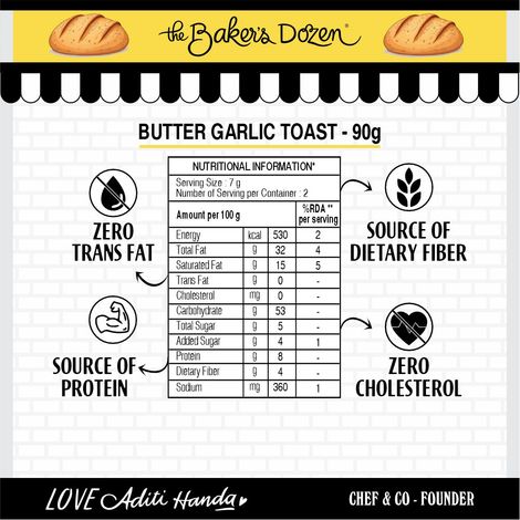 The Baker's Dozen Zero Maida Butter Garlic Toast Baked Snack No Palm Oil No preservatives 100% Wholewheat