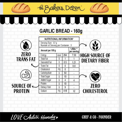 The Baker's Dozen Zero Maida Garlic Bread No Palm Oil No Preservative 100% Wholewheat