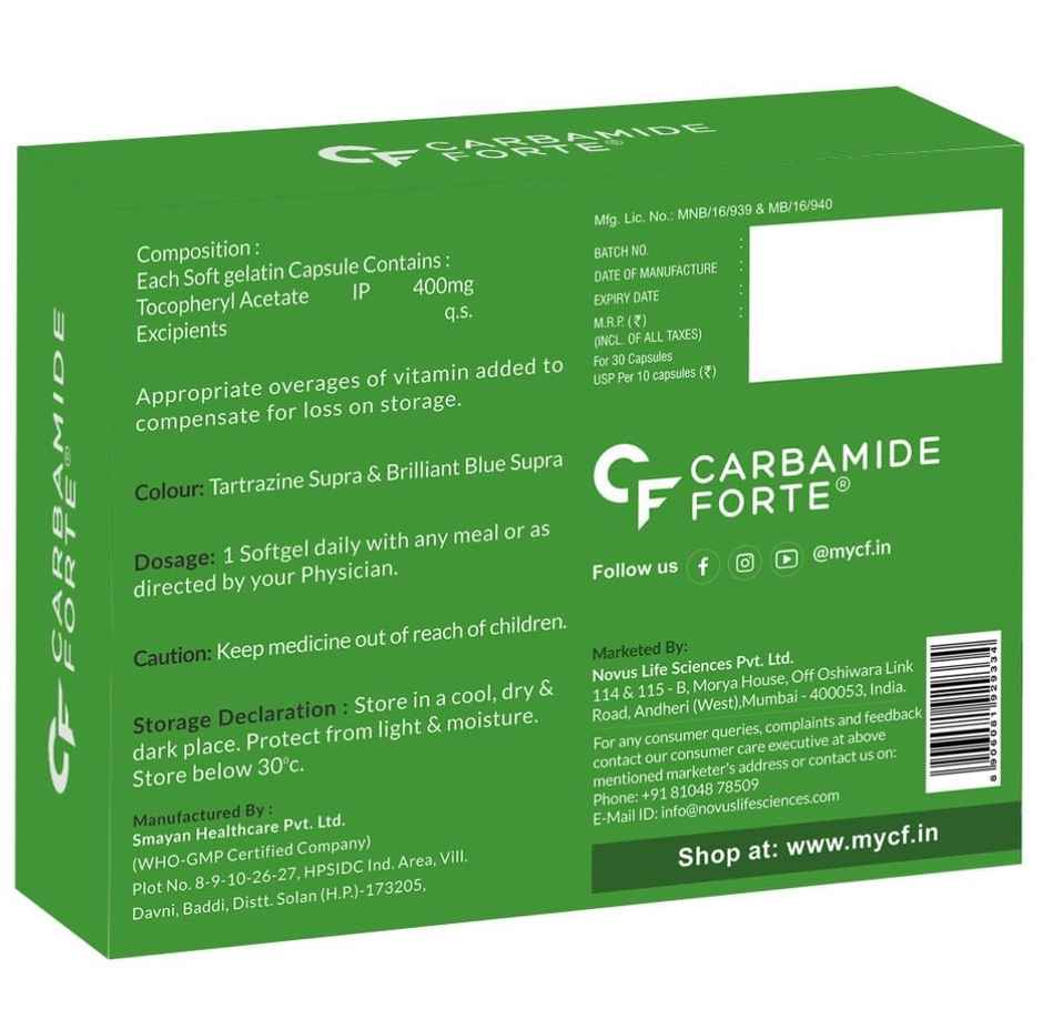 Carbamide Forte 400mg Vitamin E Capsules for Face and Hair with Vitamin E Oil- 30 Capsules
