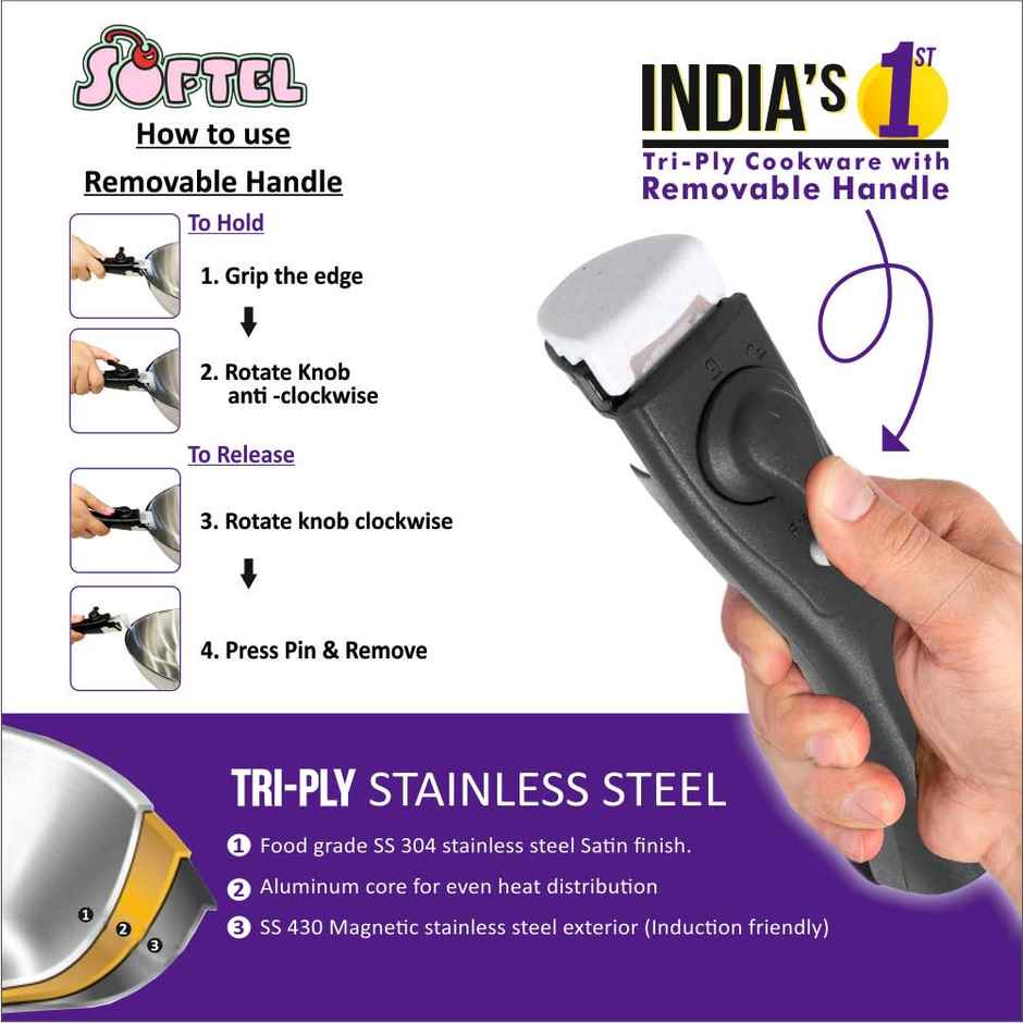 Softel Triply Stainless Steel Tasla | Removable Handle | Gas & Induction Compatible
