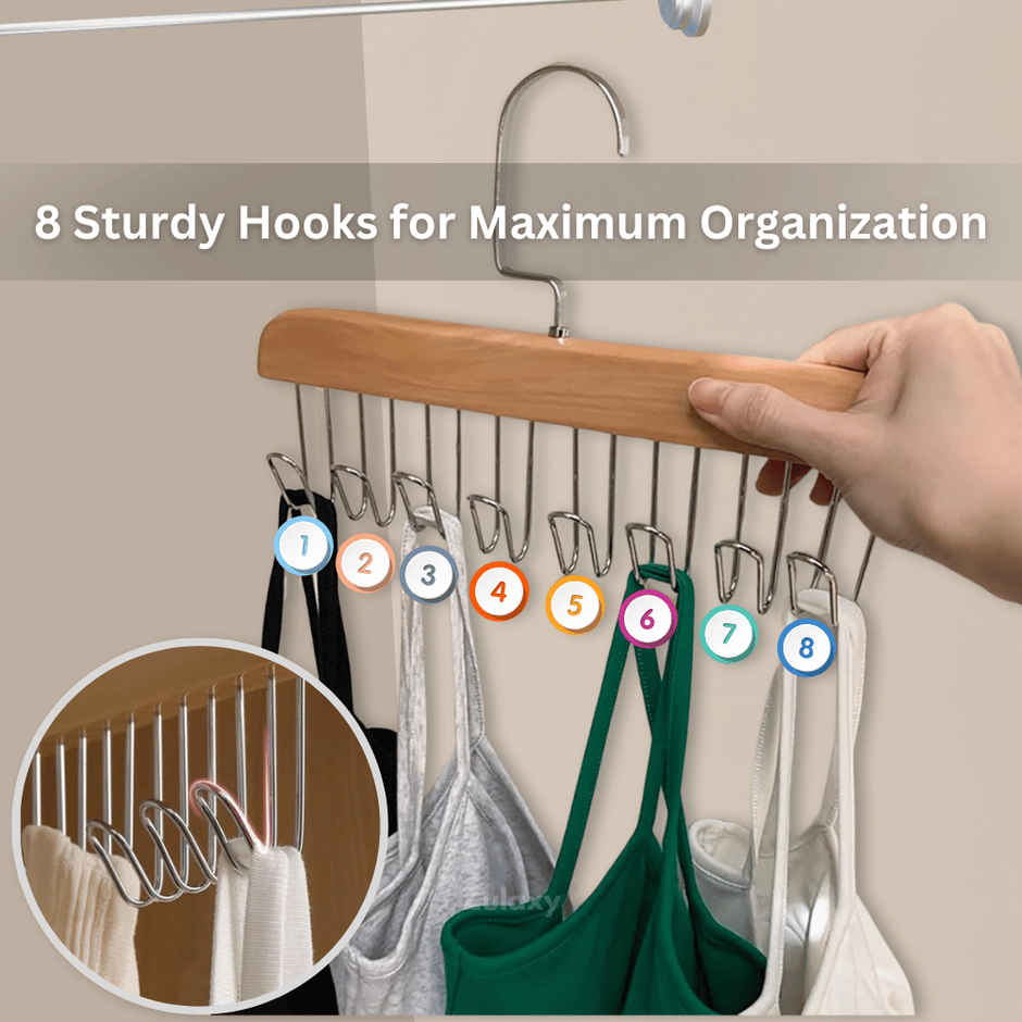 Zulaxy Multipurpose Wooden Cloth Hanger with 8 Hooks (Stainless Steel)