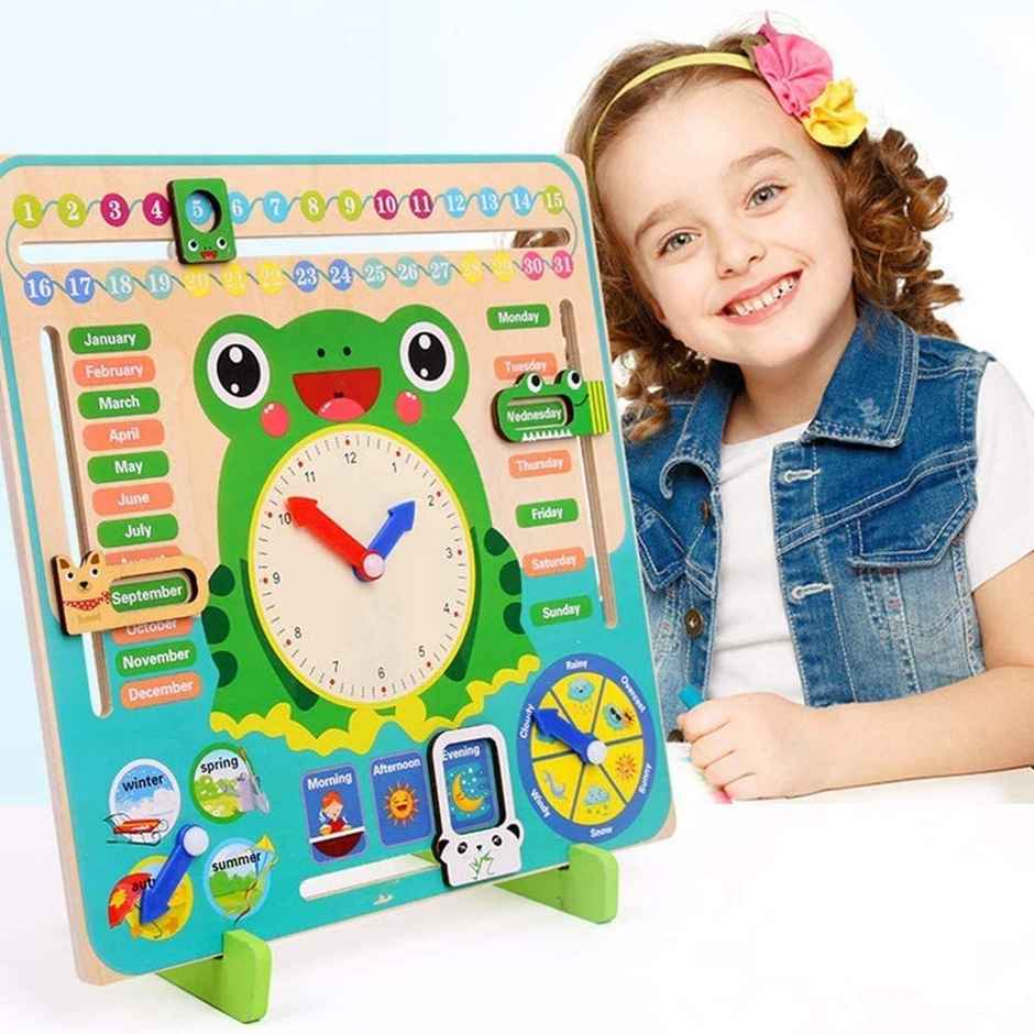 Toyshine Time & Seasons Wooden Clock Board - Educational Game for Kids | Frog Green