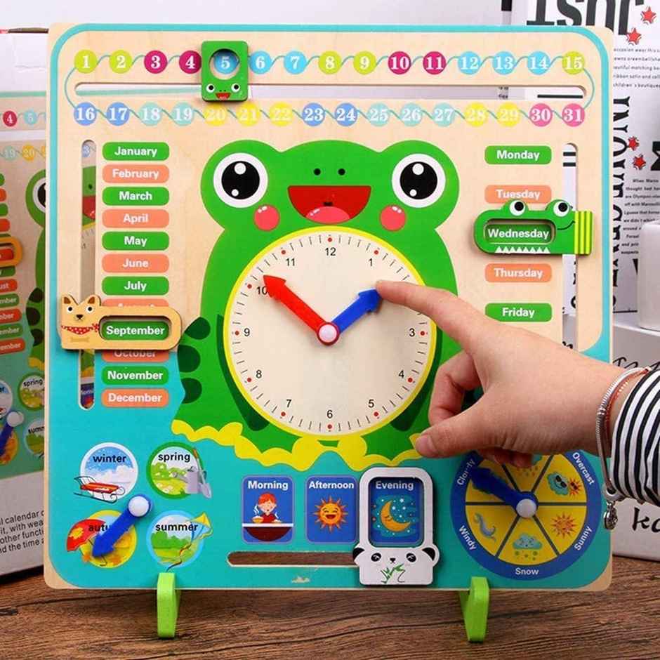 Toyshine Time & Seasons Wooden Clock Board - Educational Game for Kids | Frog Green