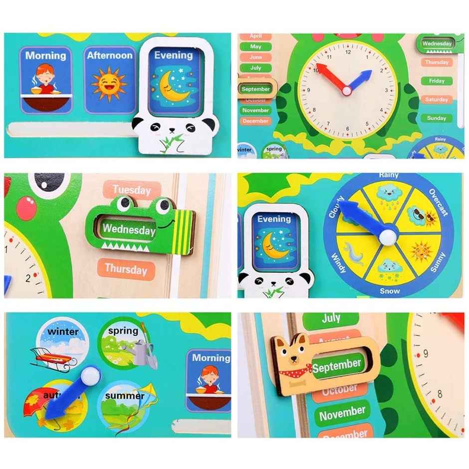 Toyshine Time & Seasons Wooden Clock Board - Educational Game for Kids | Frog Green