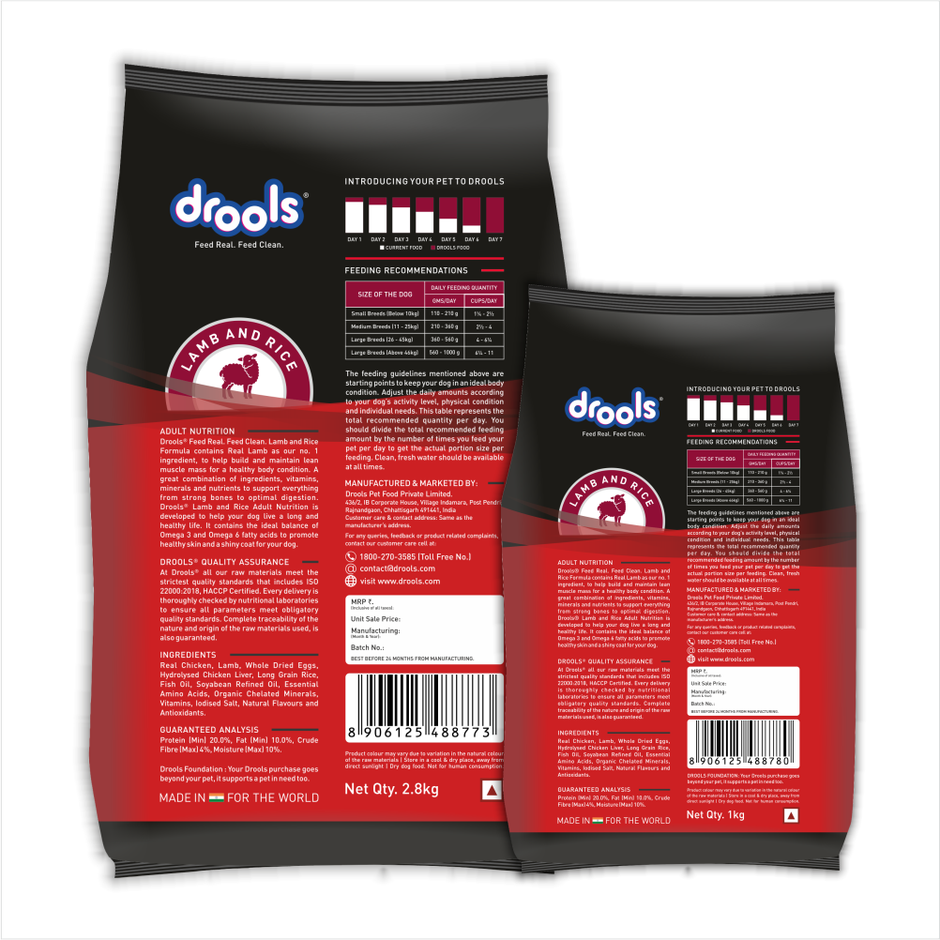 Drools Lamb and Rice Adult Dry Dog Food 2.8 kg with Free 1 kg