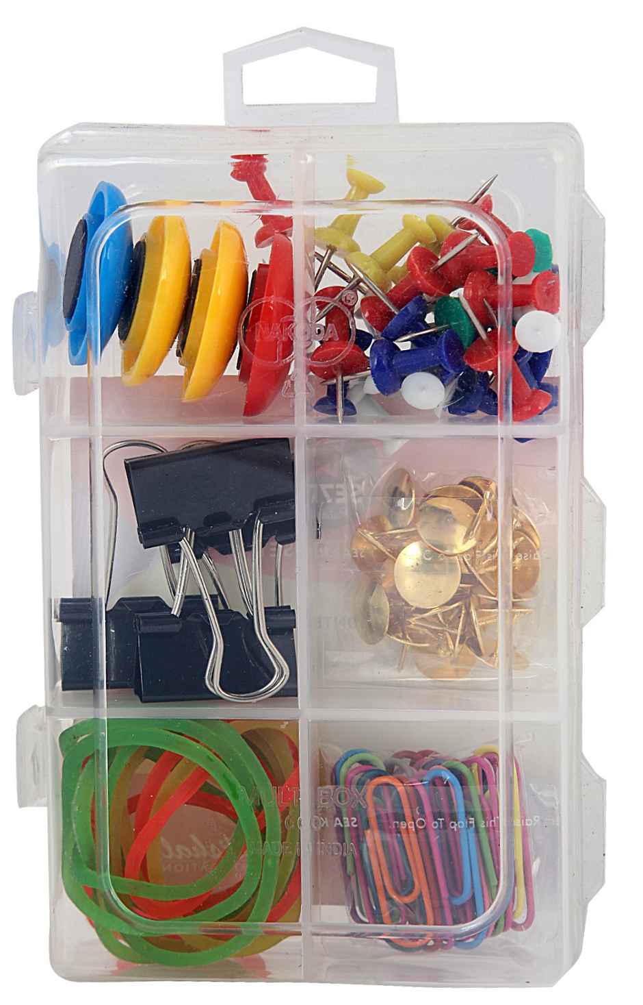 Office Utility Set Box ( Magnets, Binder Clips, U Pins, Thumb Pins, Push Pins and Rubber bands)
