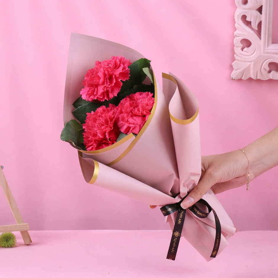 FlowerAura 3 Pink Carnations Bouquet in Pink Premium Paper