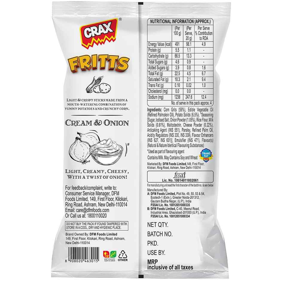 Crax Fritts Cream and Onion Corn & Potato Stick Snacks Combo
