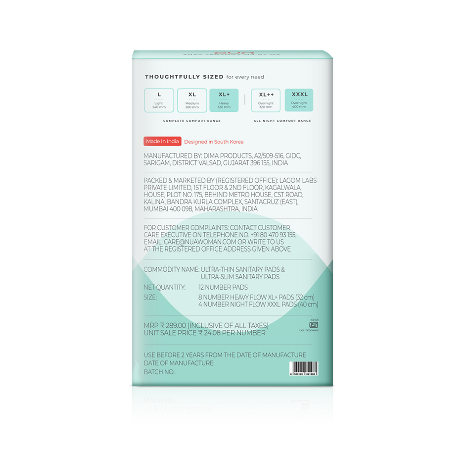 Nua Day and Night Sanitary Pads with Disposal Cover | 8 XL + 4 XXXL | XL / XXXL | 12 pcs