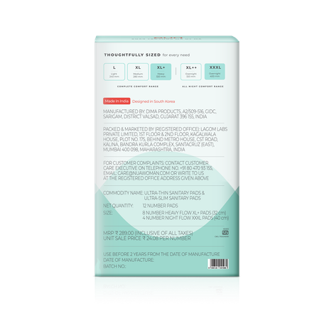 Nua Day and Night Sanitary Pads with Disposal Cover | 8 XL + 4 XXXL | XL / XXXL | 12 pcs