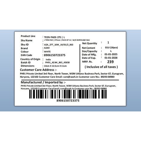 Azah Teen Pad | 275 mm | W/O Disposable Bag | L | 16 pcs