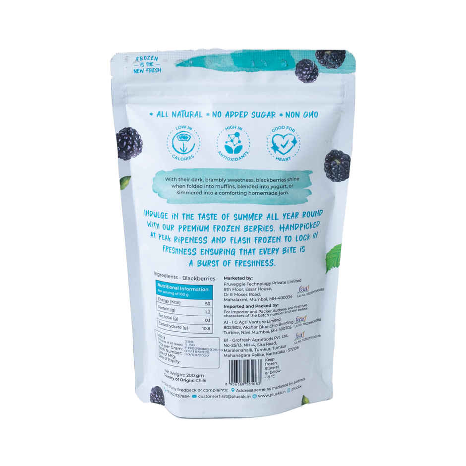 Pluckk Fresh Frozen Blackberry Natural No Added Sugar Non Gmo High Fiber Vitamin Rich Snack