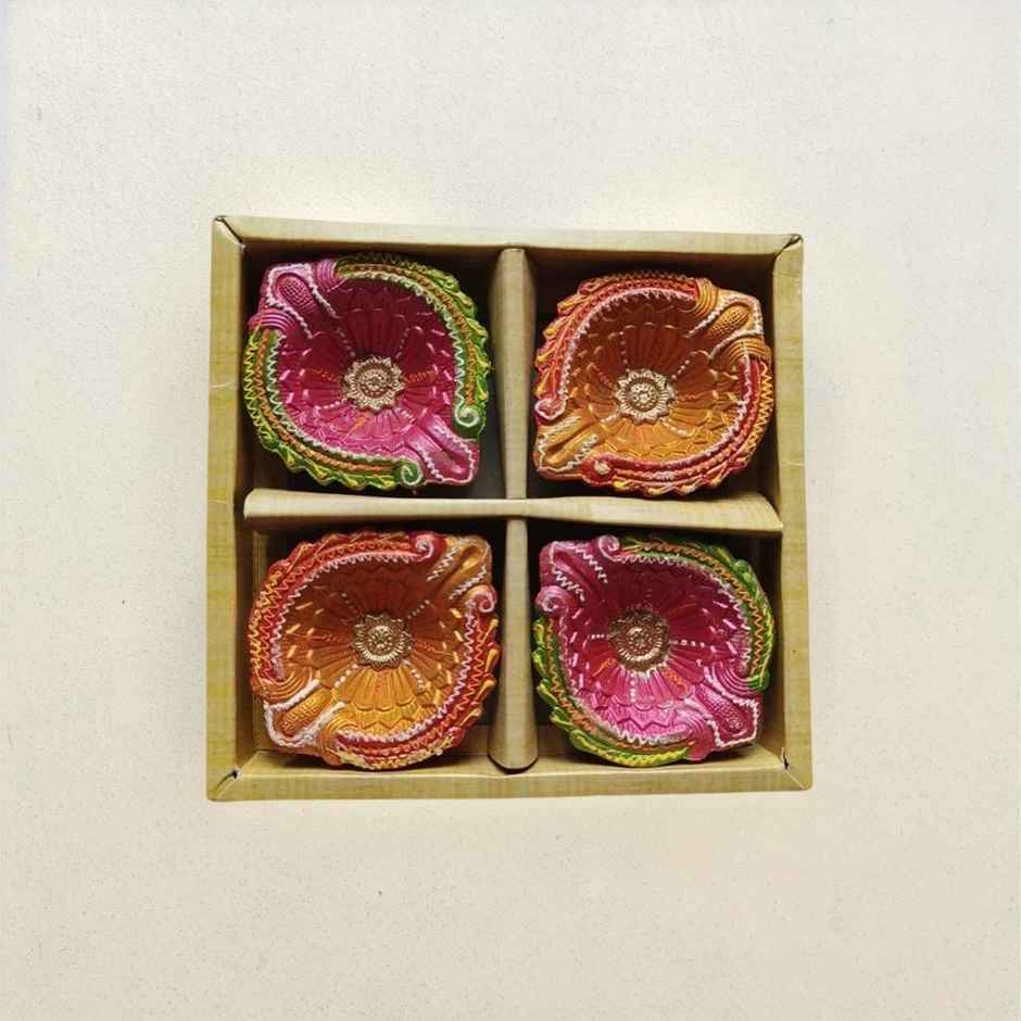 Marigold Decorative Clay Diya | Multicolour | Pack Of 4 | Designer Diya | Shruti Creations