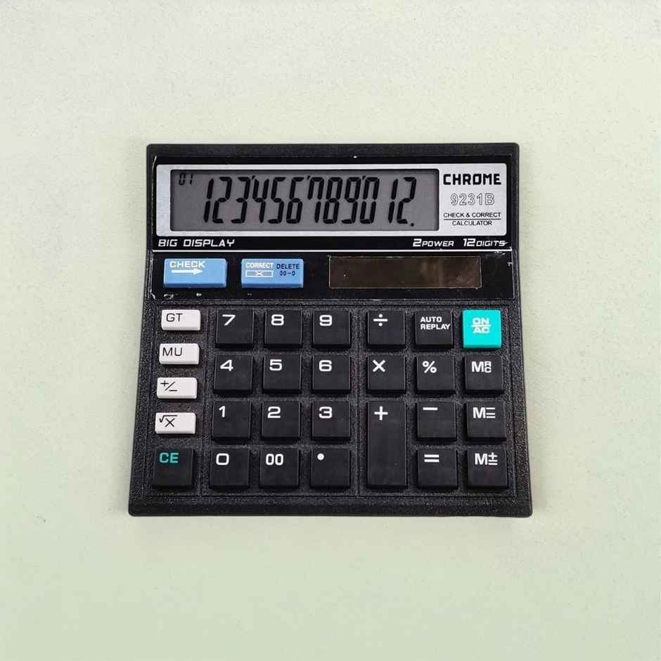 Chrome Check & Correct Basic Calculator Black (12 Digit)