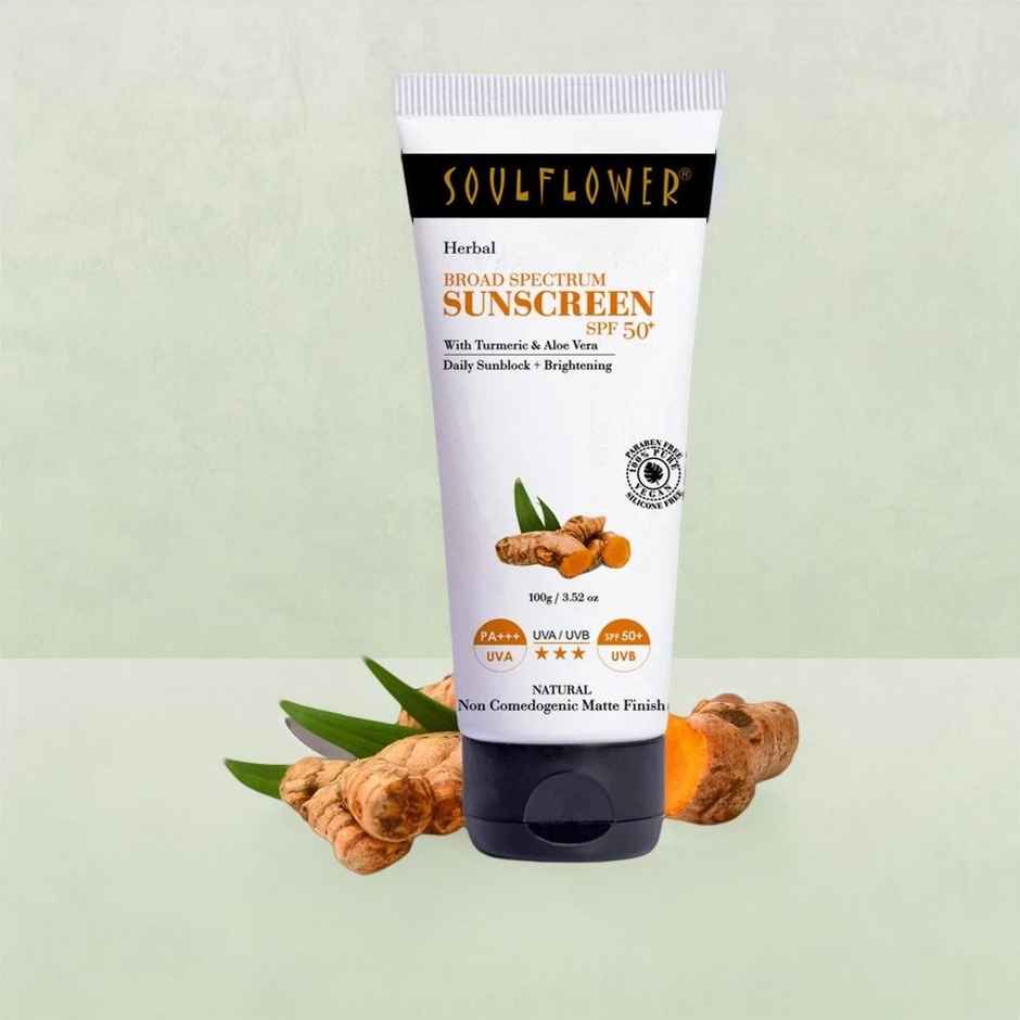 Soulflower Herbal Broad Spectrum Sunscreen With Turmeric Aloe Vera - SPF 50+ PA+++ Matte Finish, No - White Cast For Men & Women