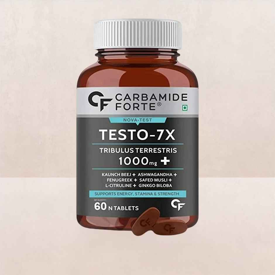 Carbamide Forte Testosterone Supplement for Men with Tribulus 1000mg, Ashwagandha, L-Citrulline & Kaunch Beej – 60 Veg Tablets