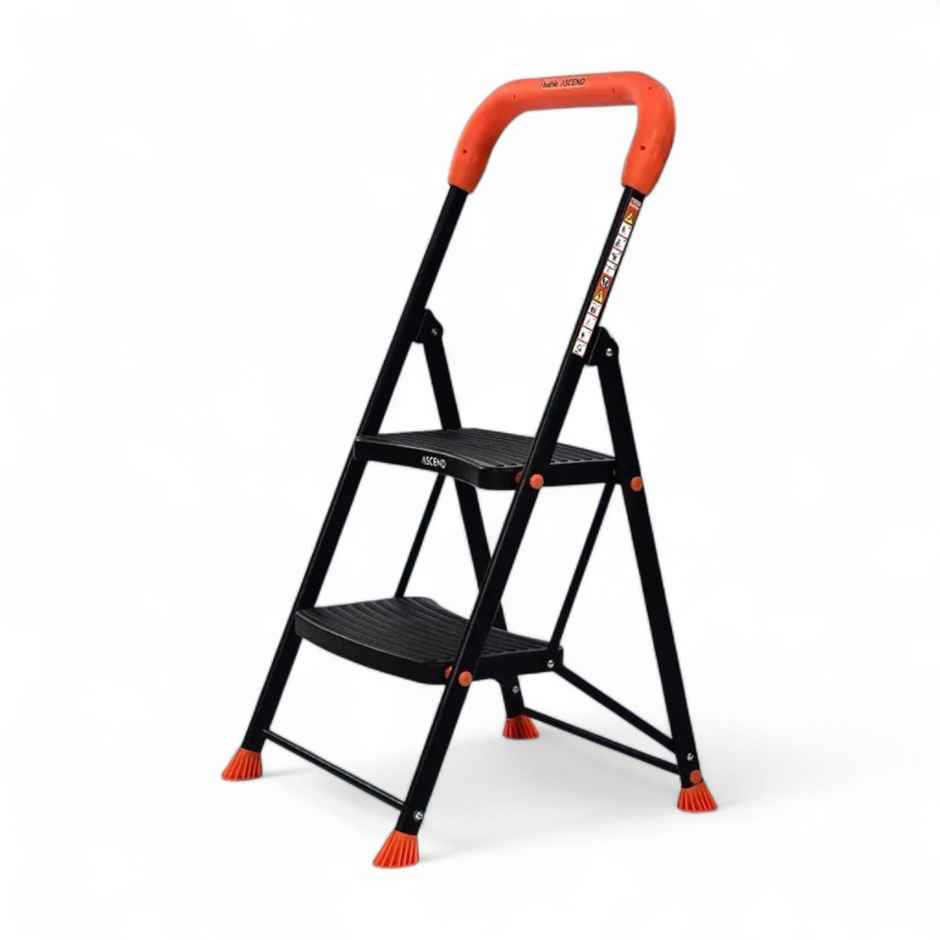 Bathla 2-Step Steel Ladder | Safety Hand Grip, Wide Anti-Slip Steps | Ascend | Orange & Black