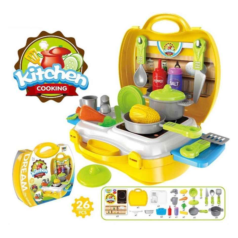 Toyshine Plastic Luxury Kitchen Set Cooking Toy With Briefcase And Accessories For Kids (Yellow)
