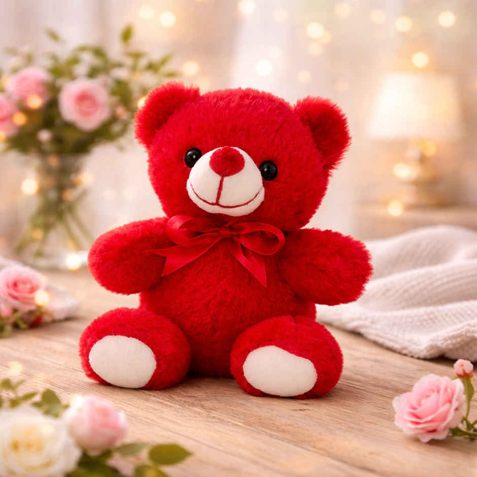Strawberry Jar Cake (1pc) & Fablue Cute Red Fur Teddy Bear With Red Bow Plush Toy  (1pc) Combo
