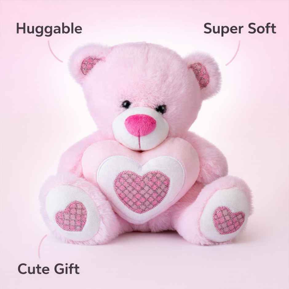 Hamleys Bear with Sparkle Heart Soft Plush Toy | Pink - 23 cm