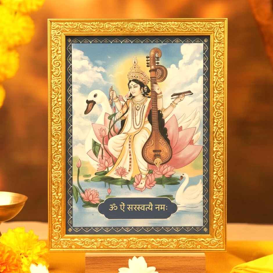 Goddess Saraswati Mata | Golden Photo Frame | 8.5 x 7.5 inch | ServDharm