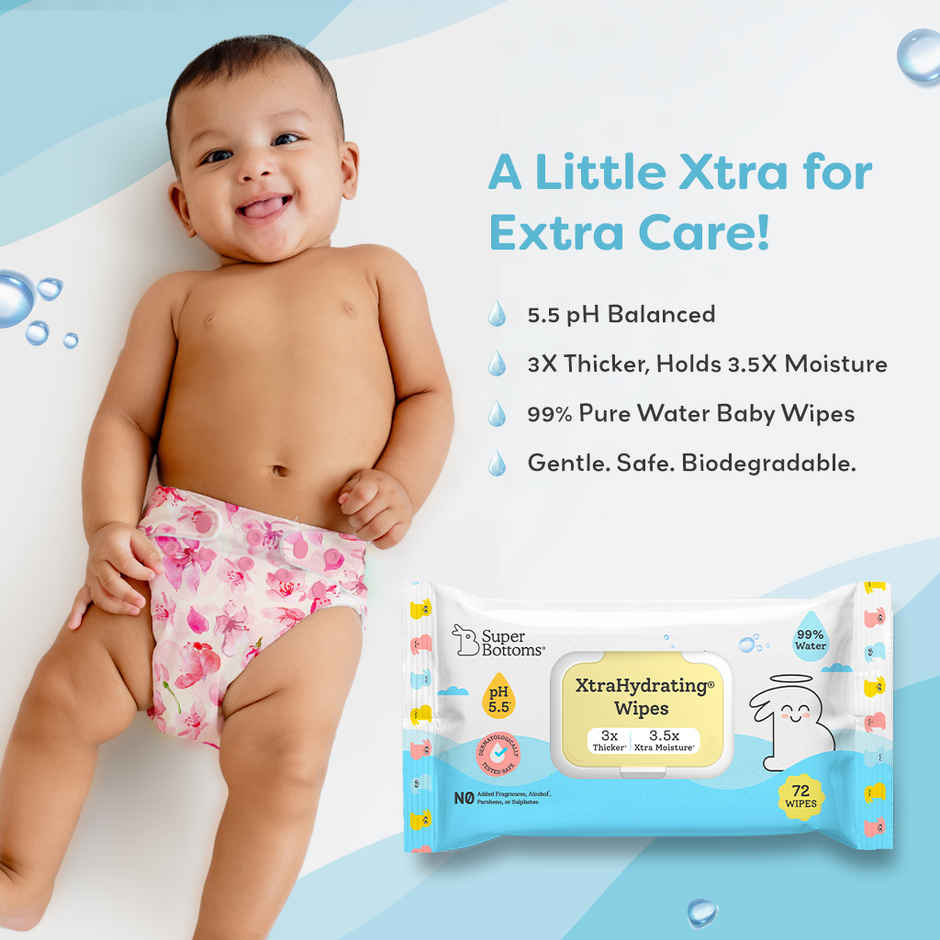 SuperBottoms 99% Pure Water Baby Wipes(72 pcs), 5.5 pH Formula, Skin-Friendly Soft Wet Wipes