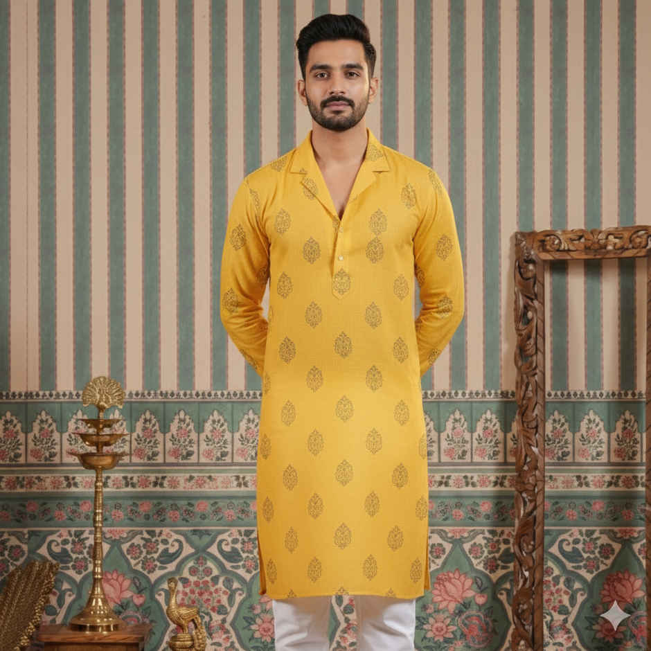 Designer Cotton Festival Kurta | Traditional Men's Wear | Yellow | L | Oye Happy