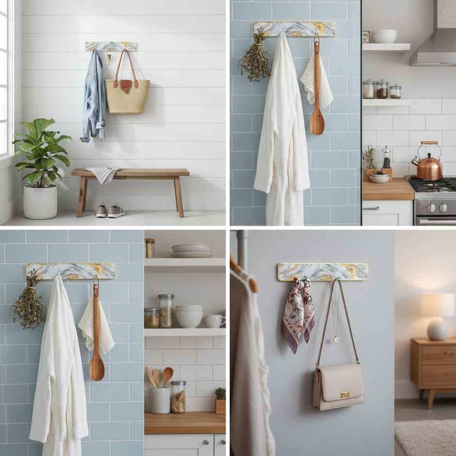 SE7EN Premium Marbel Design Self Adhesive Wall Kitchen Hook Strip 6 Kitchen Hooks