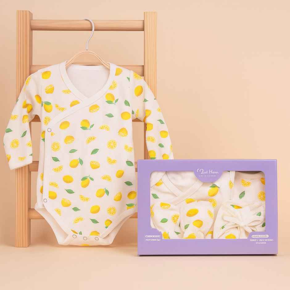 Moms Home Organic Cotton New Born Gift Set | 0-3 Months | 7 Items | Lemon