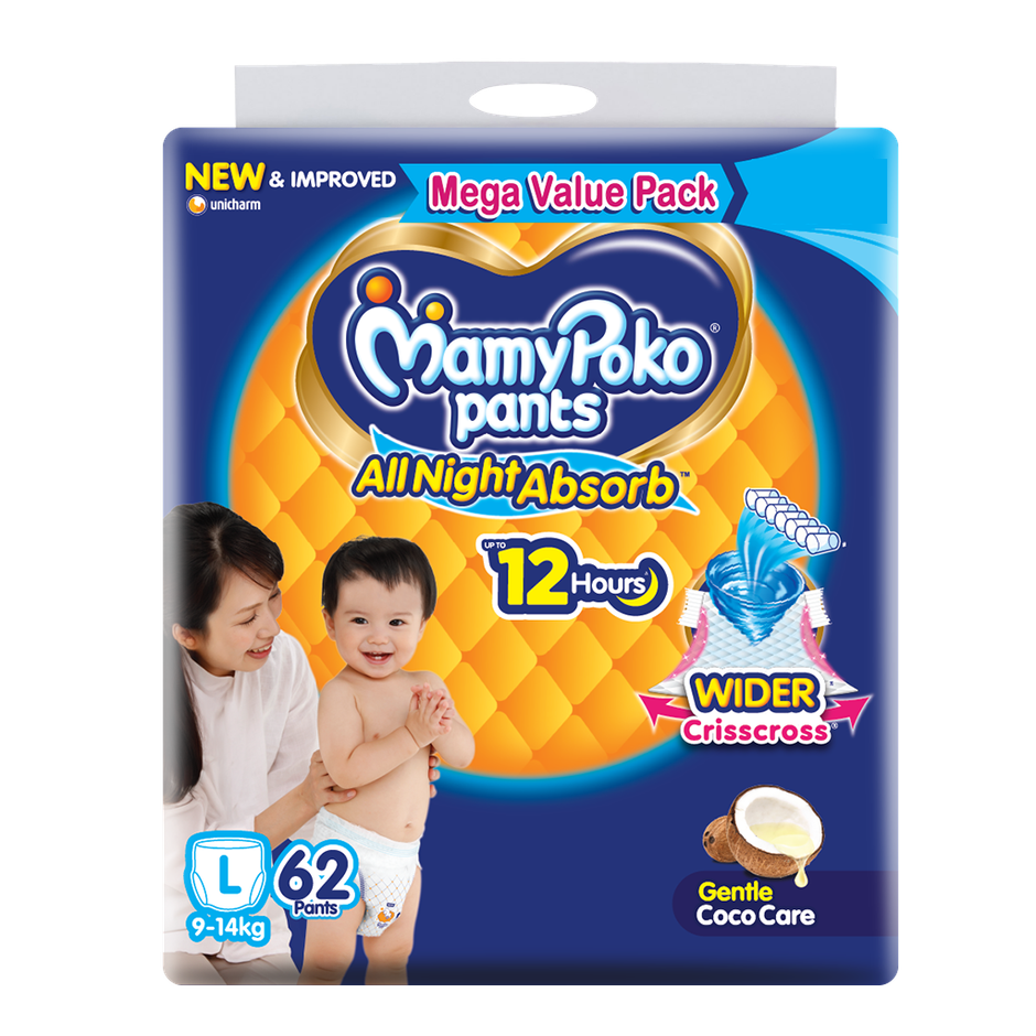 Mamypoko Pants All Night Absorb Pant-Style Baby Diapers | Size L (9-14 kg)