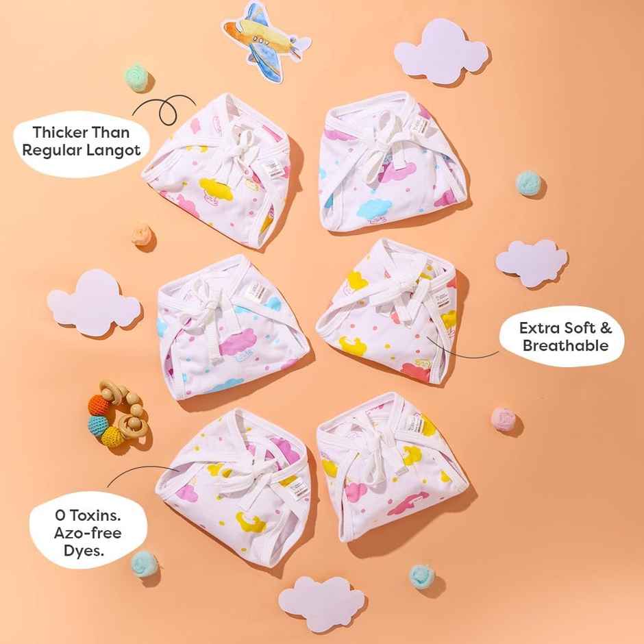 Superbottoms Pack of 6 BASIC 100% Cotton Langot, Double Layered, Soft & Breathable (Up to 5Kg)