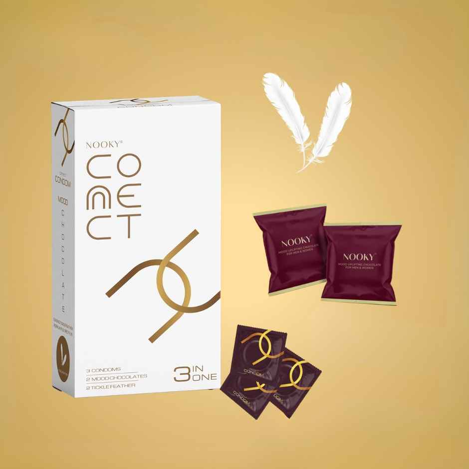 Nooky CONNECT 3 in 1 Intimacy Condom Kit Condom Chocolate and Tickle Feather