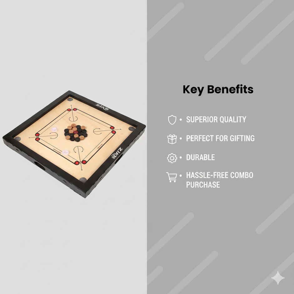 Zike Premium Wood Carrom Board Kit | 20 inch by 20 inch Board | 24 Coins, 1 Striker & 1 Powder