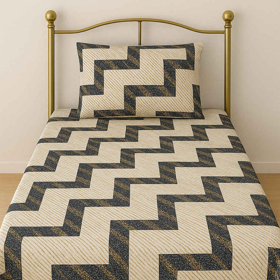 Elegant Weavers Single Cotton Geometric Bedsheet | With 1 Pillow Cover | White & Black | 87 x 59 in