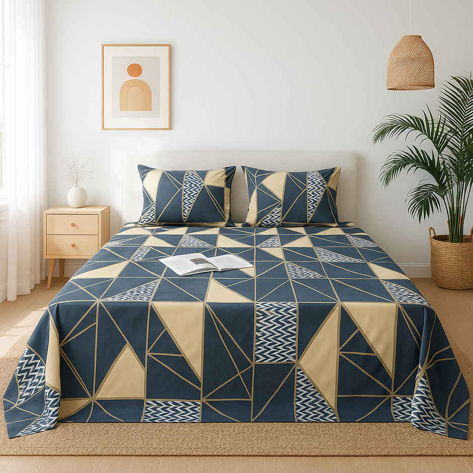 Elegant Weavers Ruby Double Geometric Bedsheet | With 2 Pillow Cover | Blue | 87 x 94 in