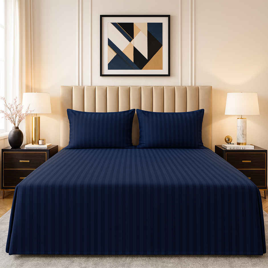 Elegant Weavers Double Ployester Striped Bedsheet | With 2 Pillow Covers | Blue | 87 x 94 in
