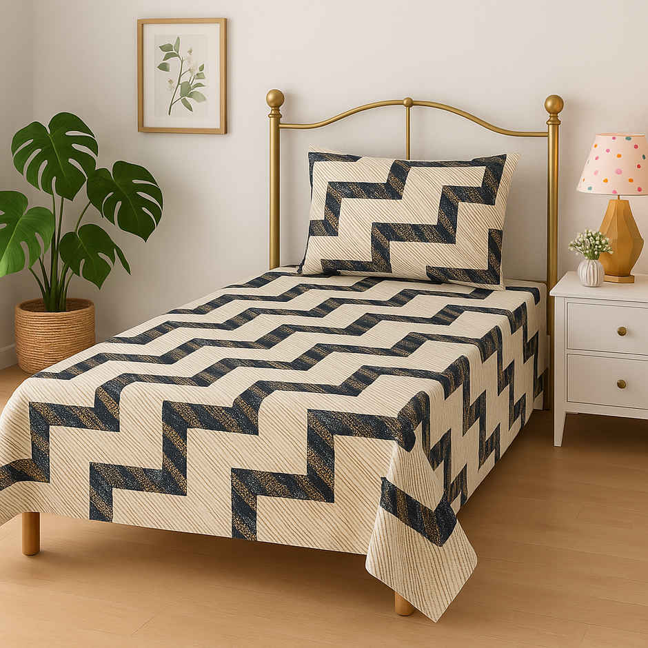 Elegant Weavers Single Cotton Geometric Bedsheet | With 1 Pillow Cover | White & Black | 87 x 59 in