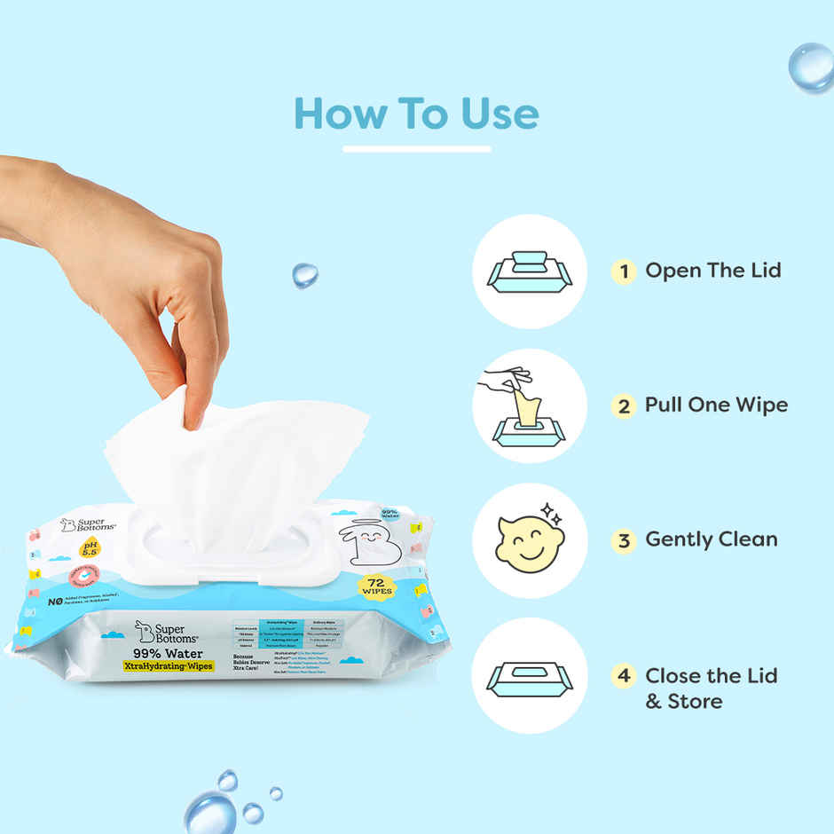 SuperBottoms 99% Pure Water Baby Wipes(72 pcs), 5.5 pH Formula, Skin-Friendly Soft Wet Wipes