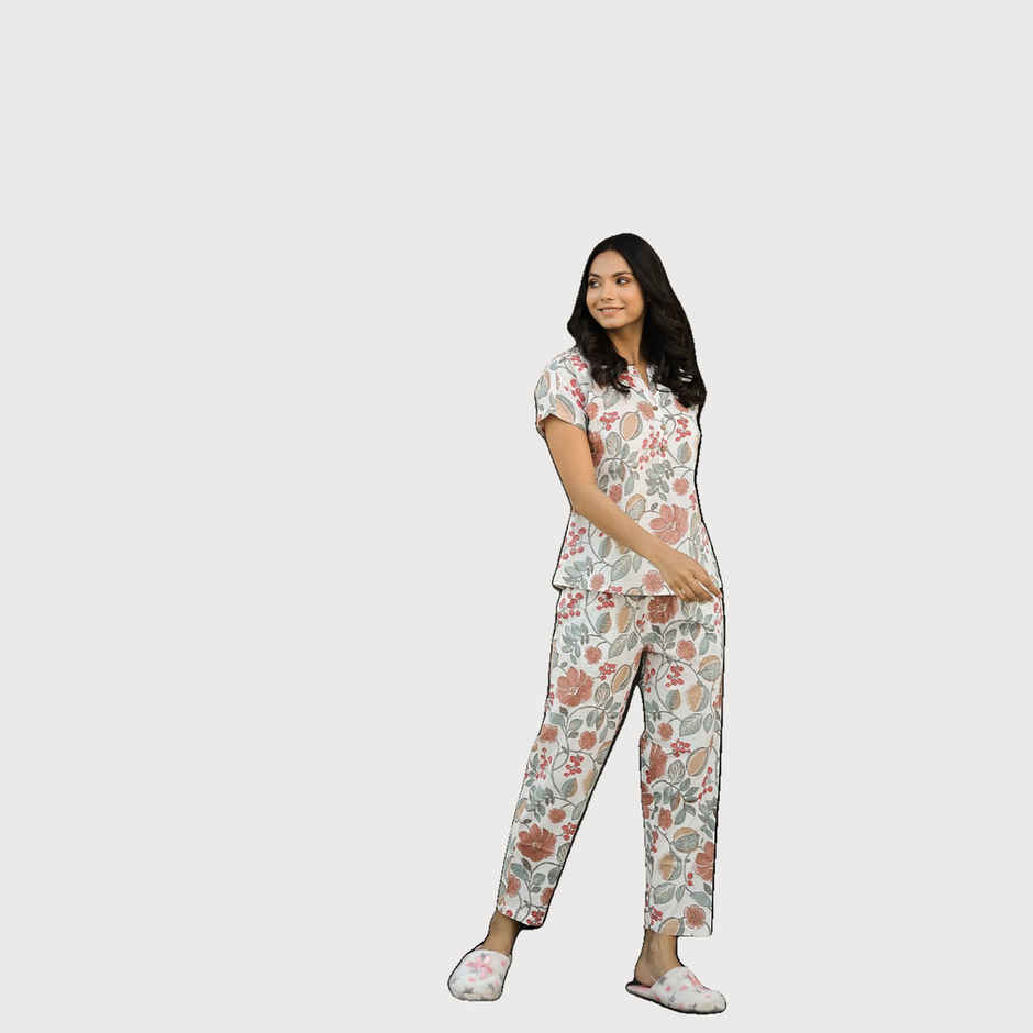 Sanskrutihomes Women's Printed Pure Cotton Night Suit | White - XXL